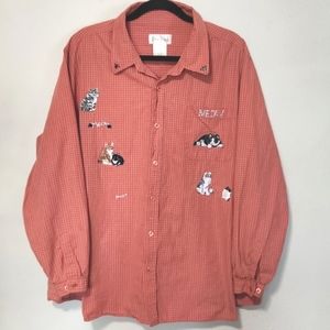 Vintage Bobbie Brooks Orange Gingham Cat Lady Button Up Shirt 26W/28W